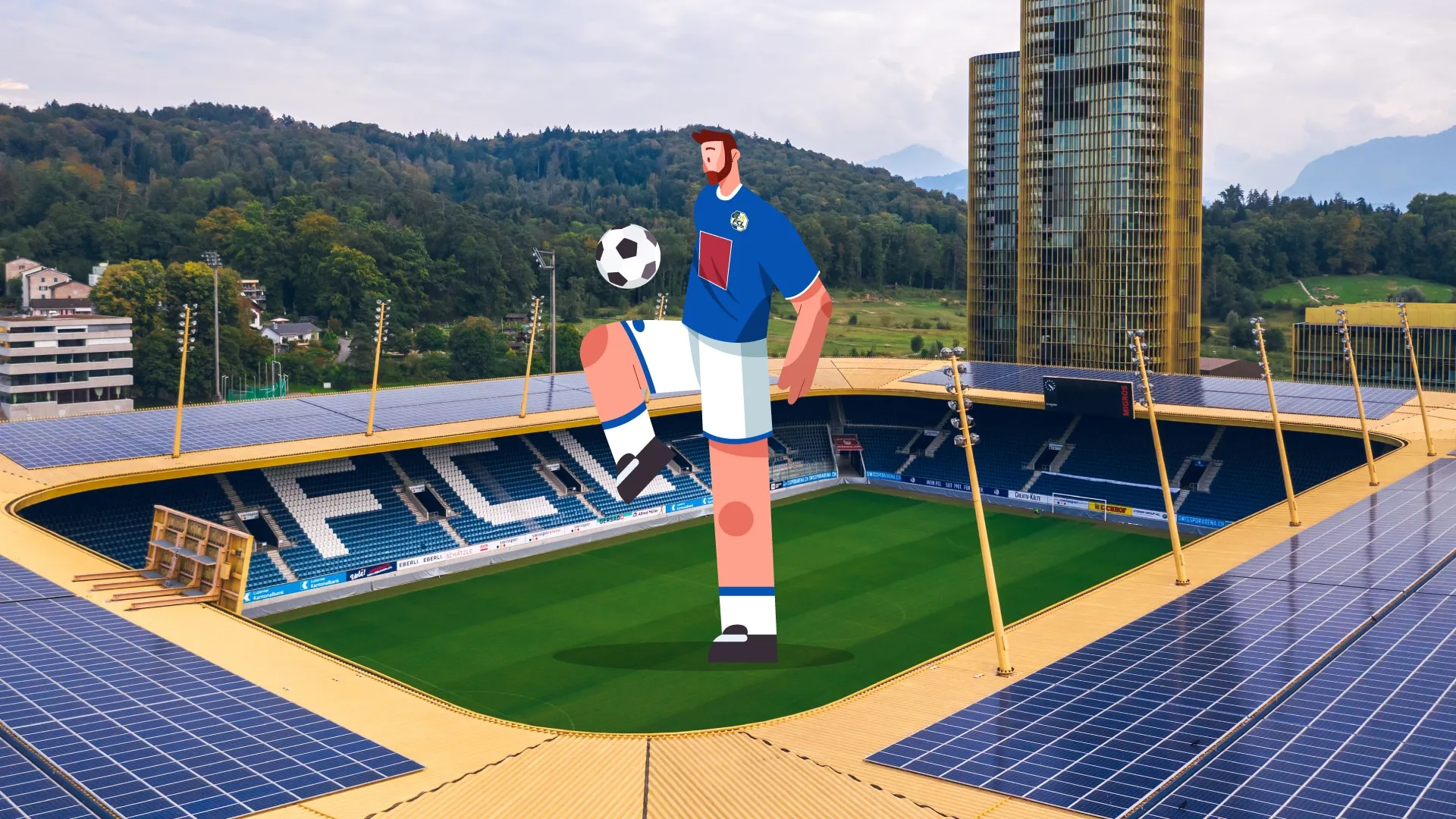 Illustrated footballer in a blue FC Luzern kit juggling a ball above the pitch of the solar-panelled stadium.