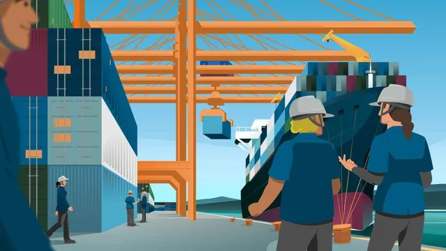 Illustration aus dem Erklärvideo Rheinhäfen für das Verkehrshaus der Schweiz.