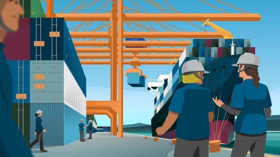 Illustration aus dem Erklärvideo Rheinhäfen für das Verkehrshaus der Schweiz.