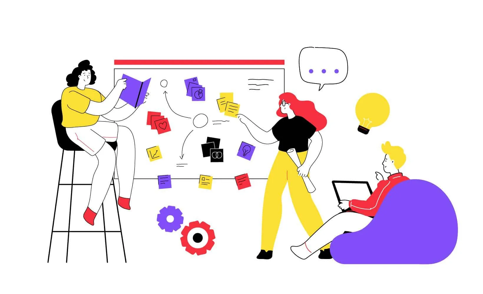 Illustrated team gathering ideas on a whiteboard covered in sticky notes, arrows and a lightbulb symbol.