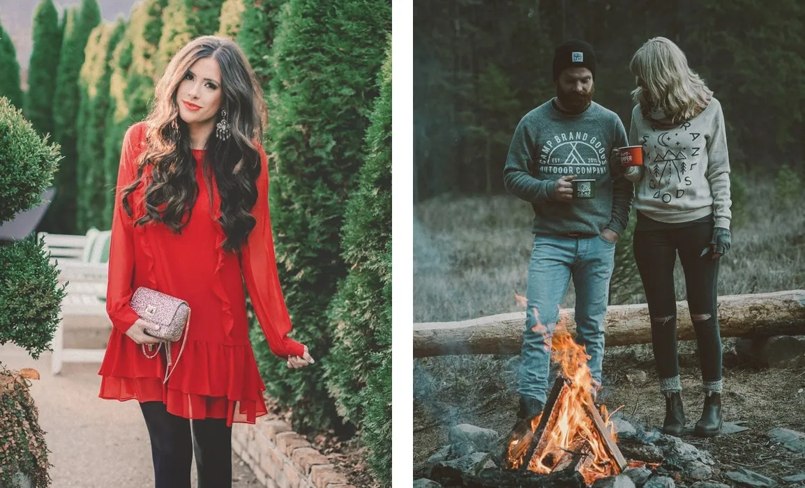 Two lifestyle shots side by side: a woman in a red dress in a garden, and a couple with mugs by a campfire