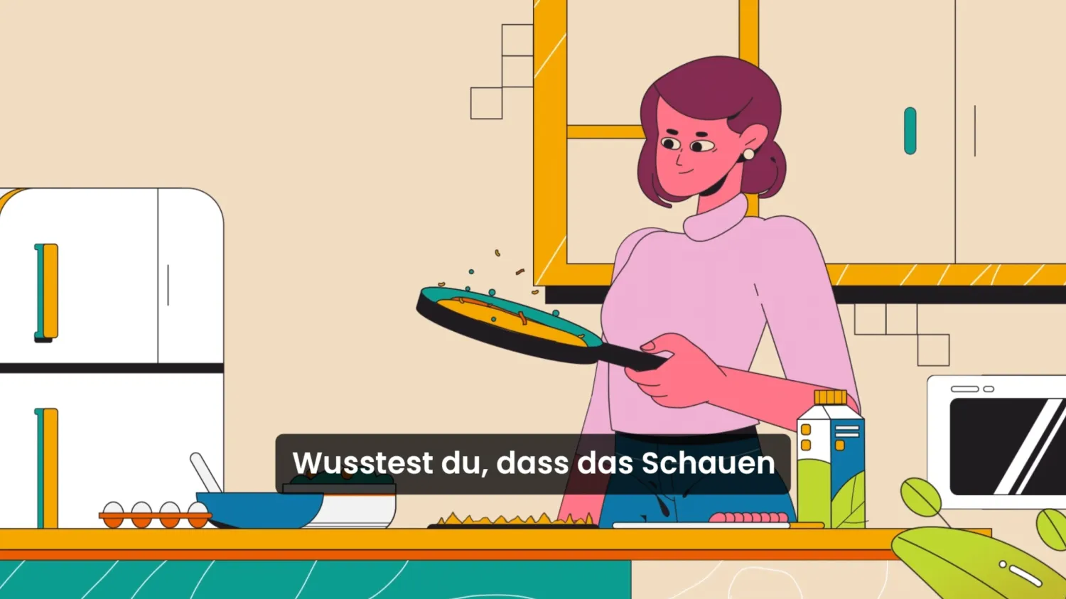 Animated kitchen scene: a woman tosses a pan, with a burned-in German subtitle bar across the frame.