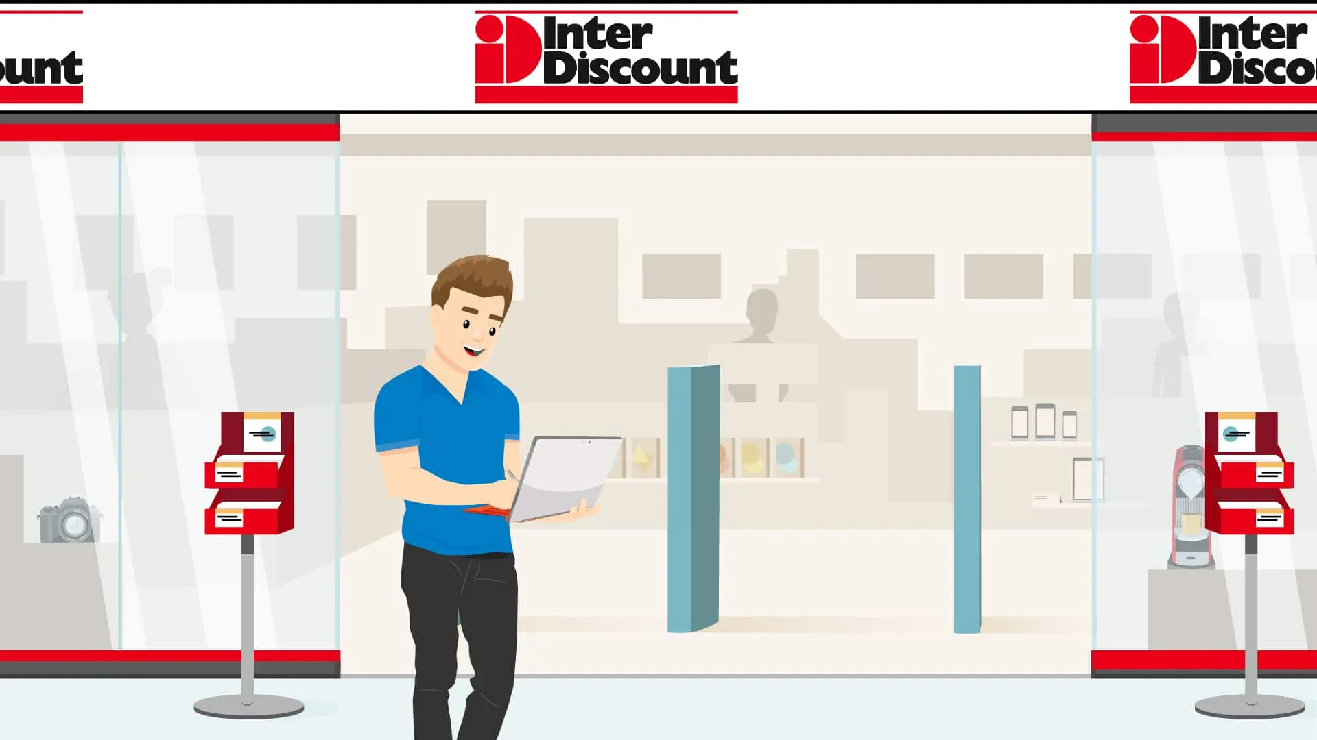 Animated man holding an open laptop in front of the glass storefront of an Interdiscount electronics shop.