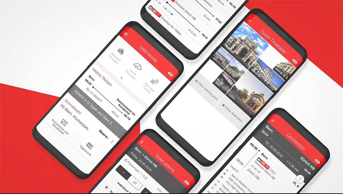 Fünf Smartphones zeigen Screens der Bahn-App: Fahrplan, Ticketauswahl und Verbindung Bern–Zürich HB.