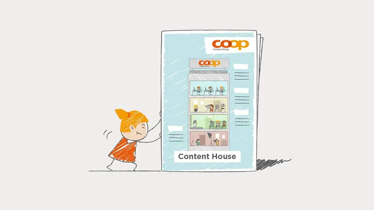 Hand-drawn figure pushes a newspaper page showing a cut-away Content House with editorial teams on each floor.