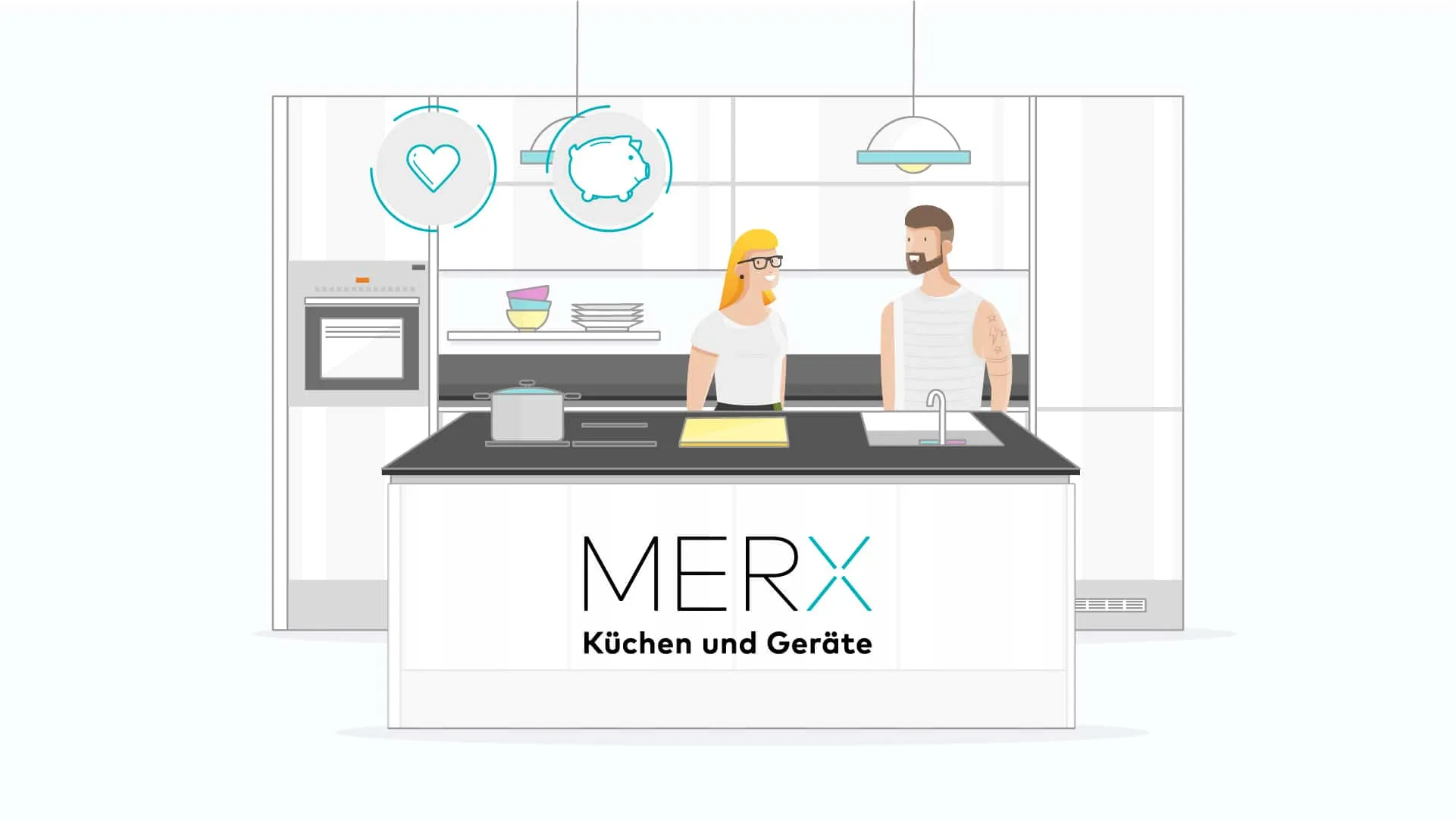 Line-drawn kitchen with a couple at the island, heart and piggy-bank icons, sign reading MERX kitchens and appliances