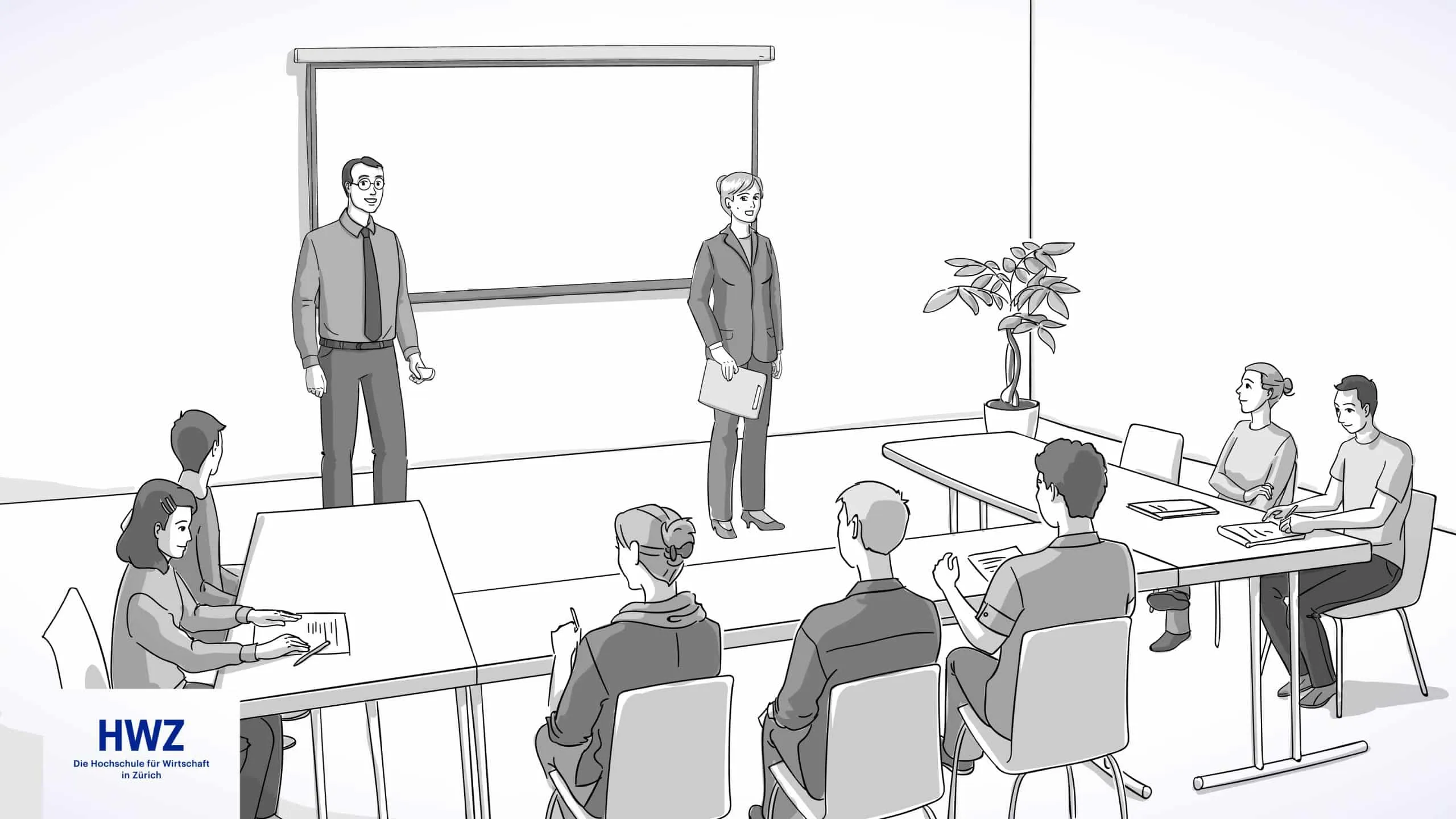 Greyscale illustration of a seminar room: two lecturers at the projection screen, students at their desks