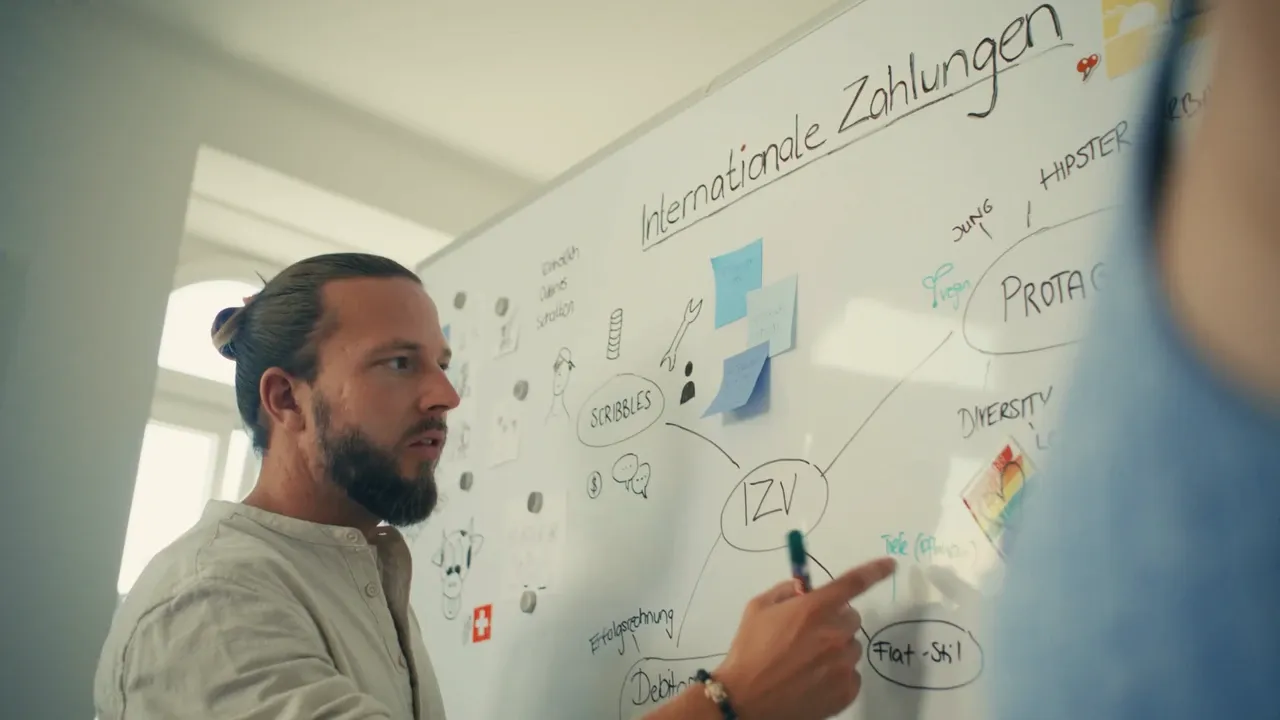 A Videodesign team member explains a sketch on the whiteboard