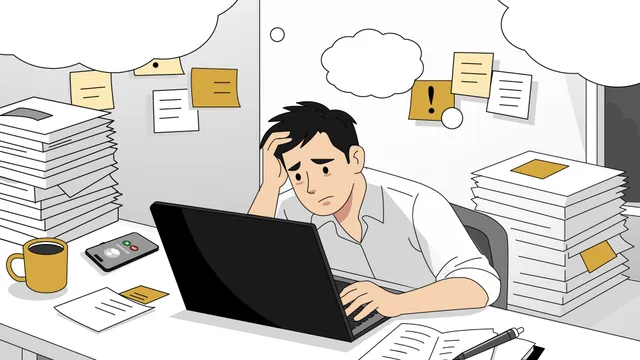 Illustration: Ein Mann sitzt am Laptop zwischen hohen Papierstapeln und stützt den Kopf auf seine Hand.