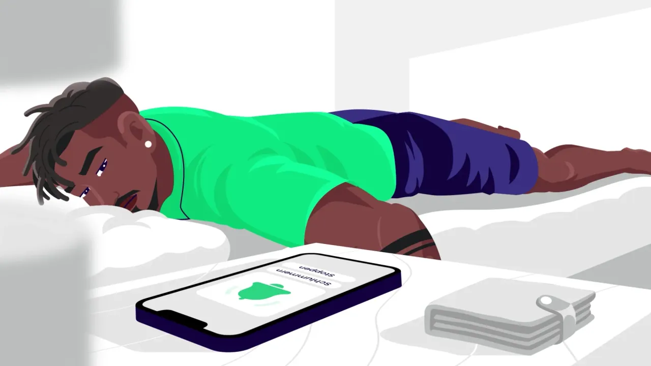 Animierte Szene aus dem Videodesign Showreel: Ein junger Mann liegt verschlafen im Bett, neben ihm ein Smartphone mit Schlummertaste