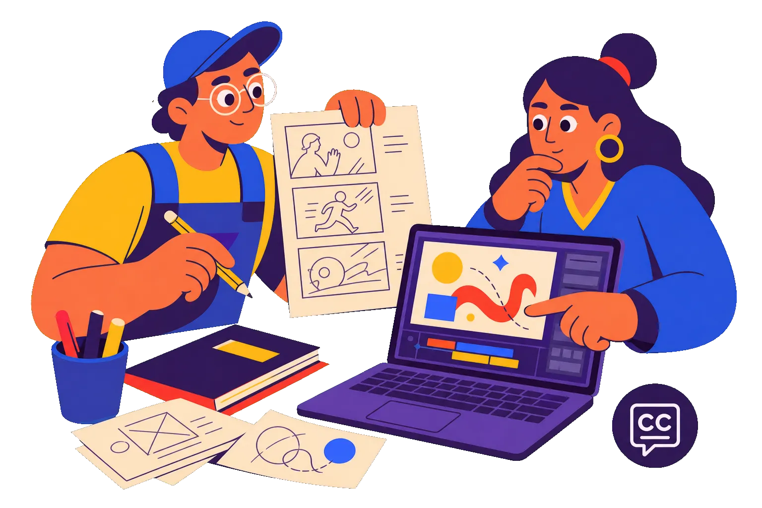 An illustrator holds a hand-drawn storyboard while a colleague shows the animation with its motion path on a laptop